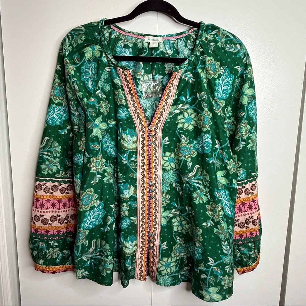 Sundance Arvilla Cotton/Silk Top Jade Floral Bohemian Blouse NWOT Size Small - Picture 2 of 9